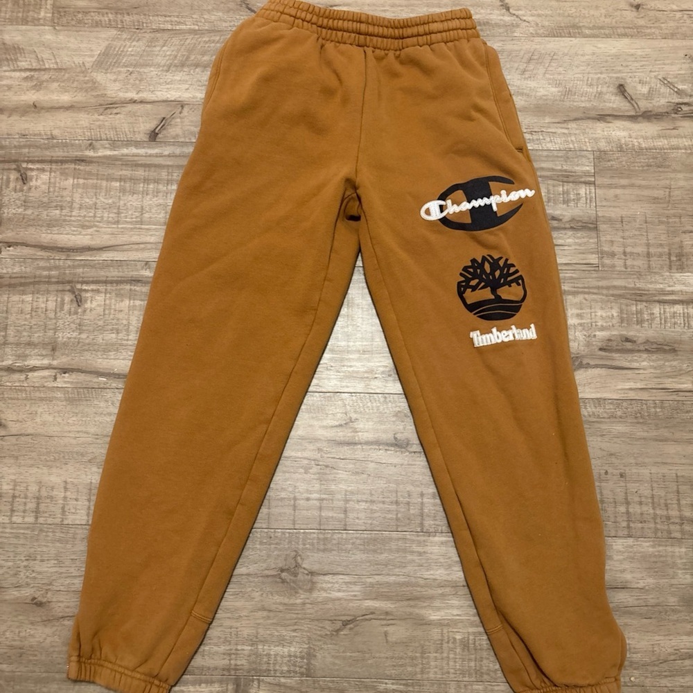 Champion X Timberland Joggers Size Small Brown  Big Logos Spellout MENS - Picture 2 of 13